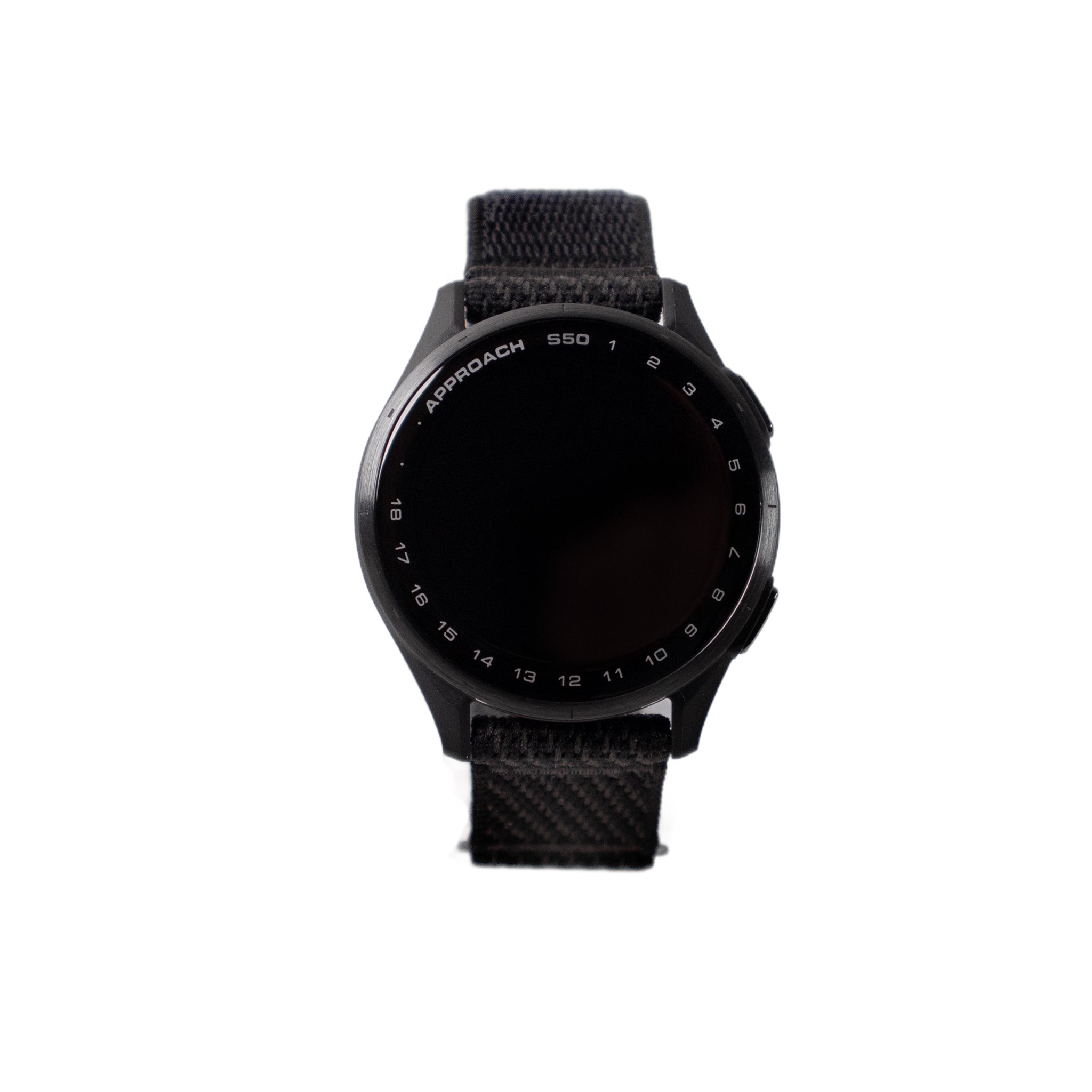 Black smartwatch with a black strap on a white background