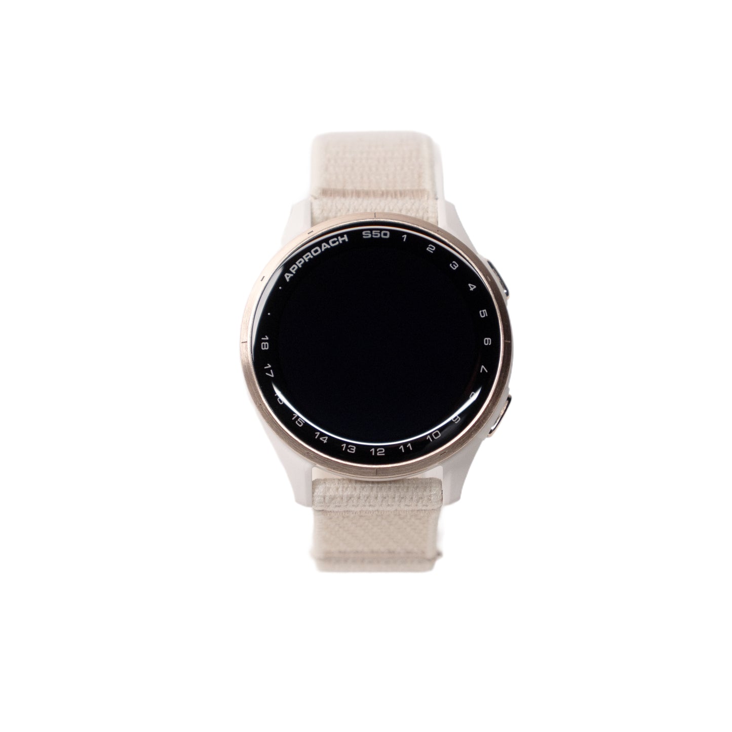 Smartwatch with a beige strap on a white background