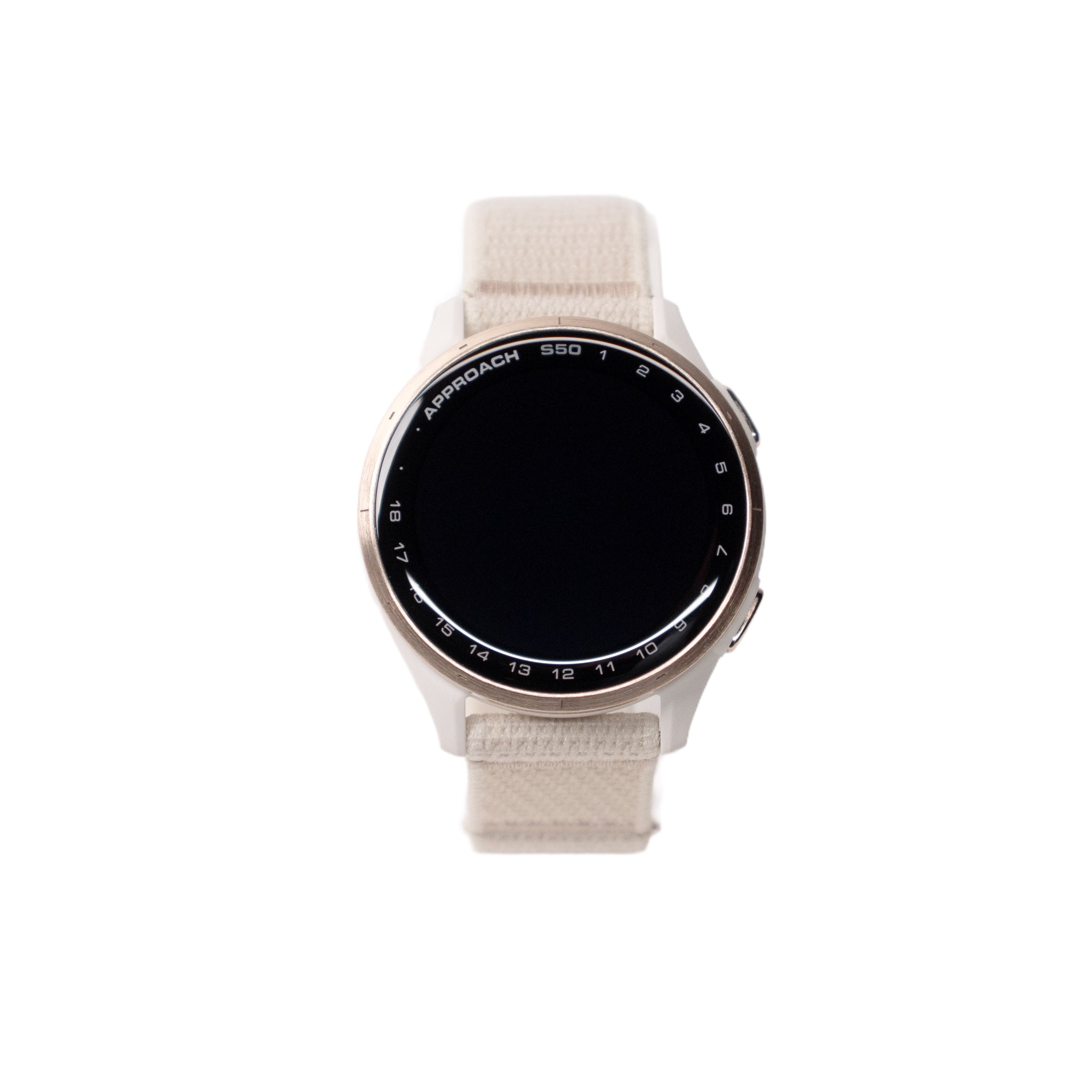 Smartwatch with a beige strap on a white background