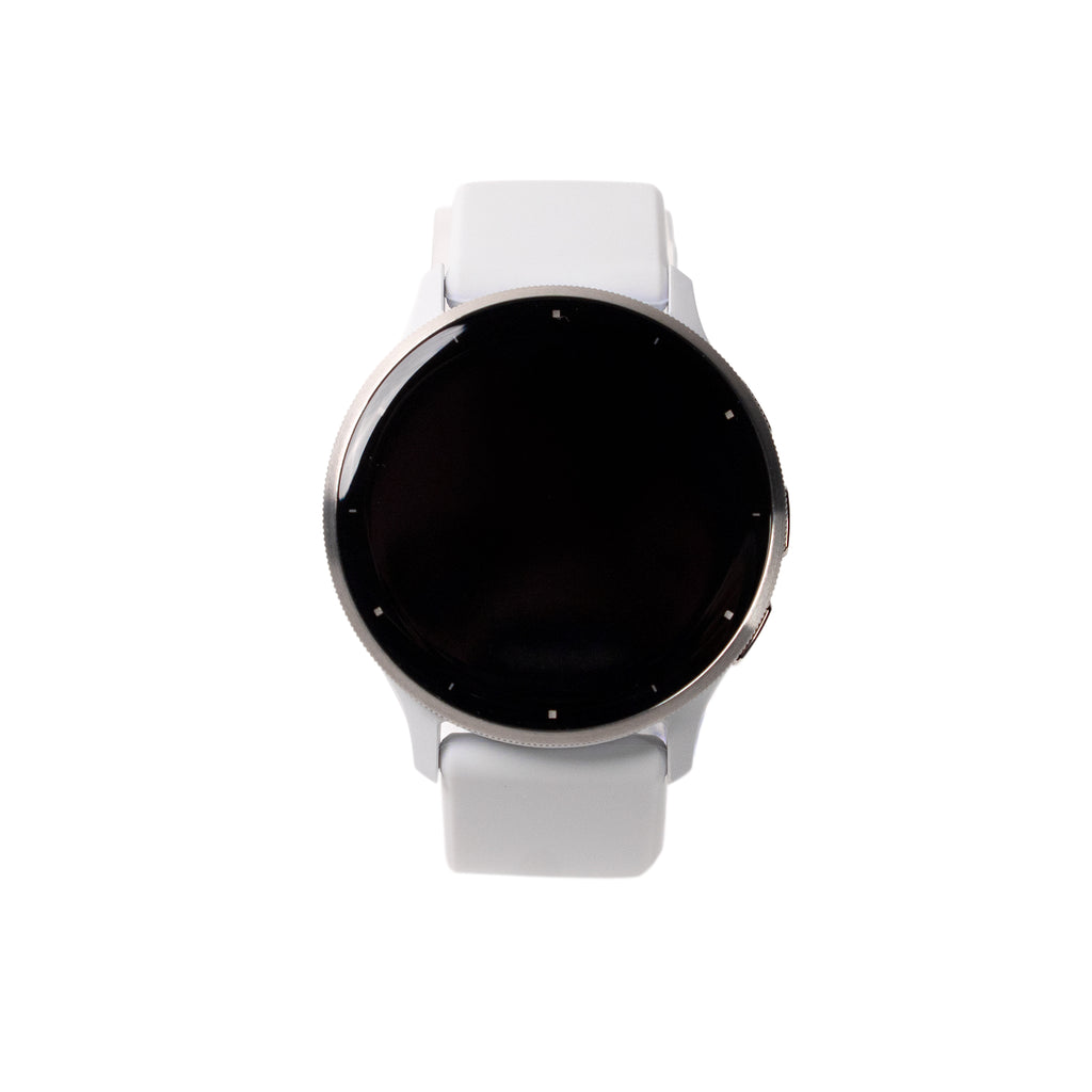 Smartwatch with a white strap on a white background
