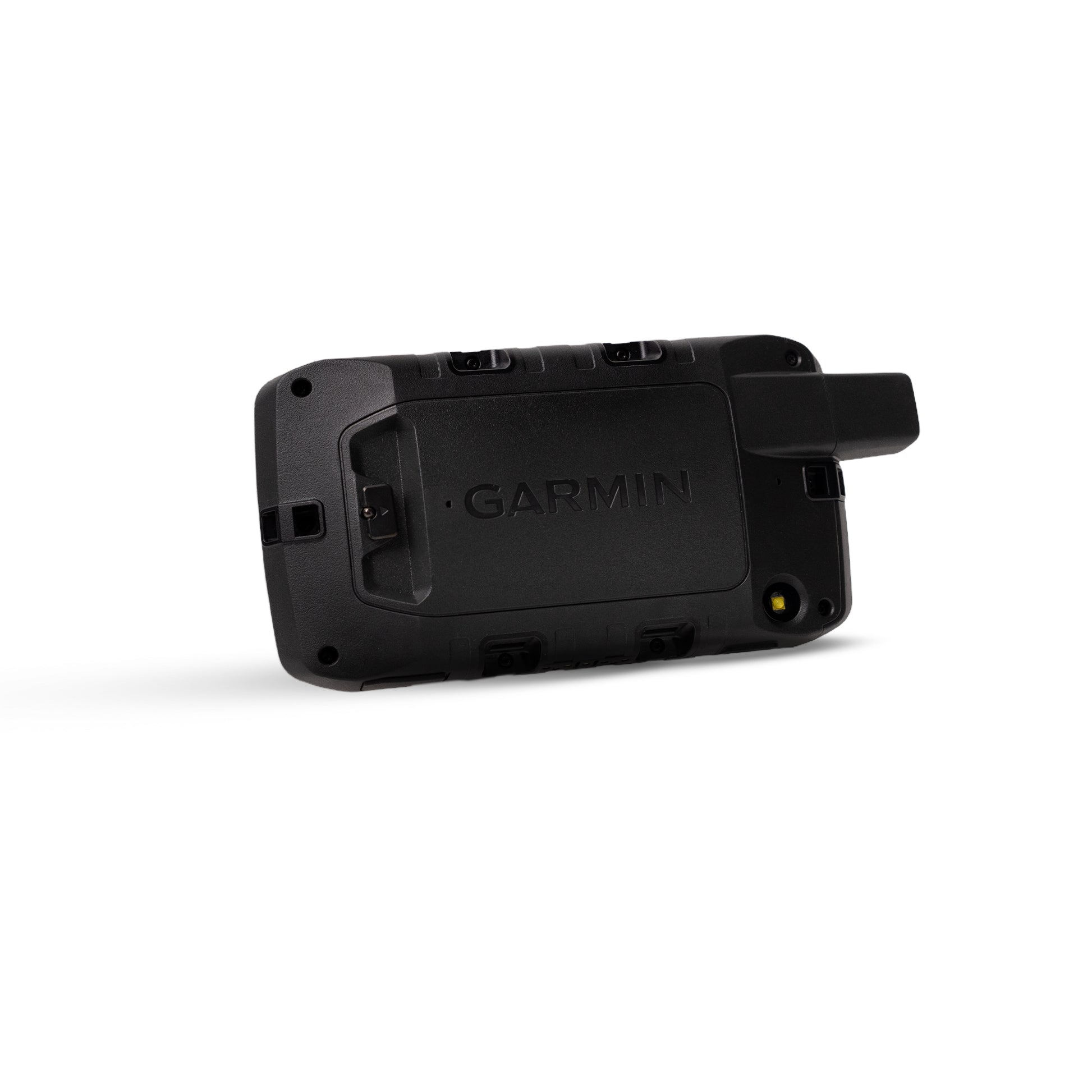 Black Garmin device on a white background