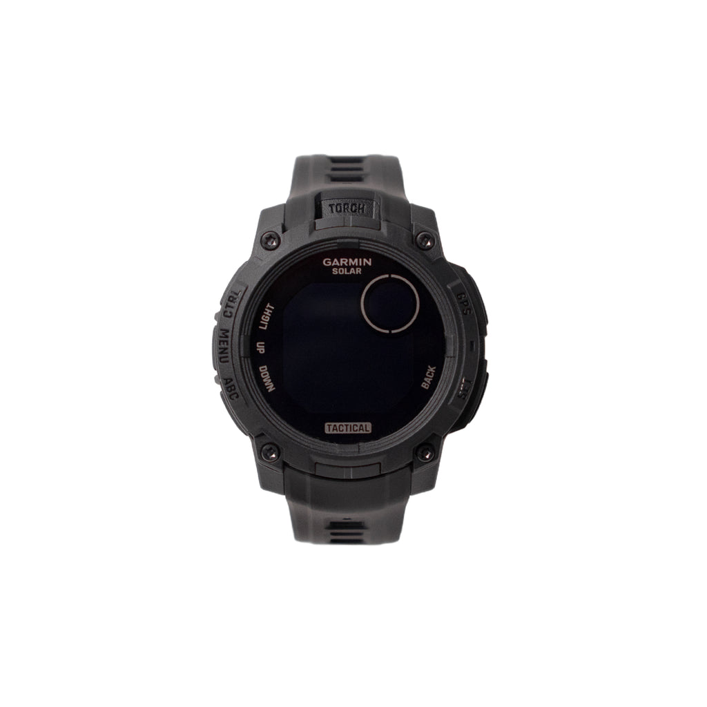 Black Garmin smartwatch on a white background
