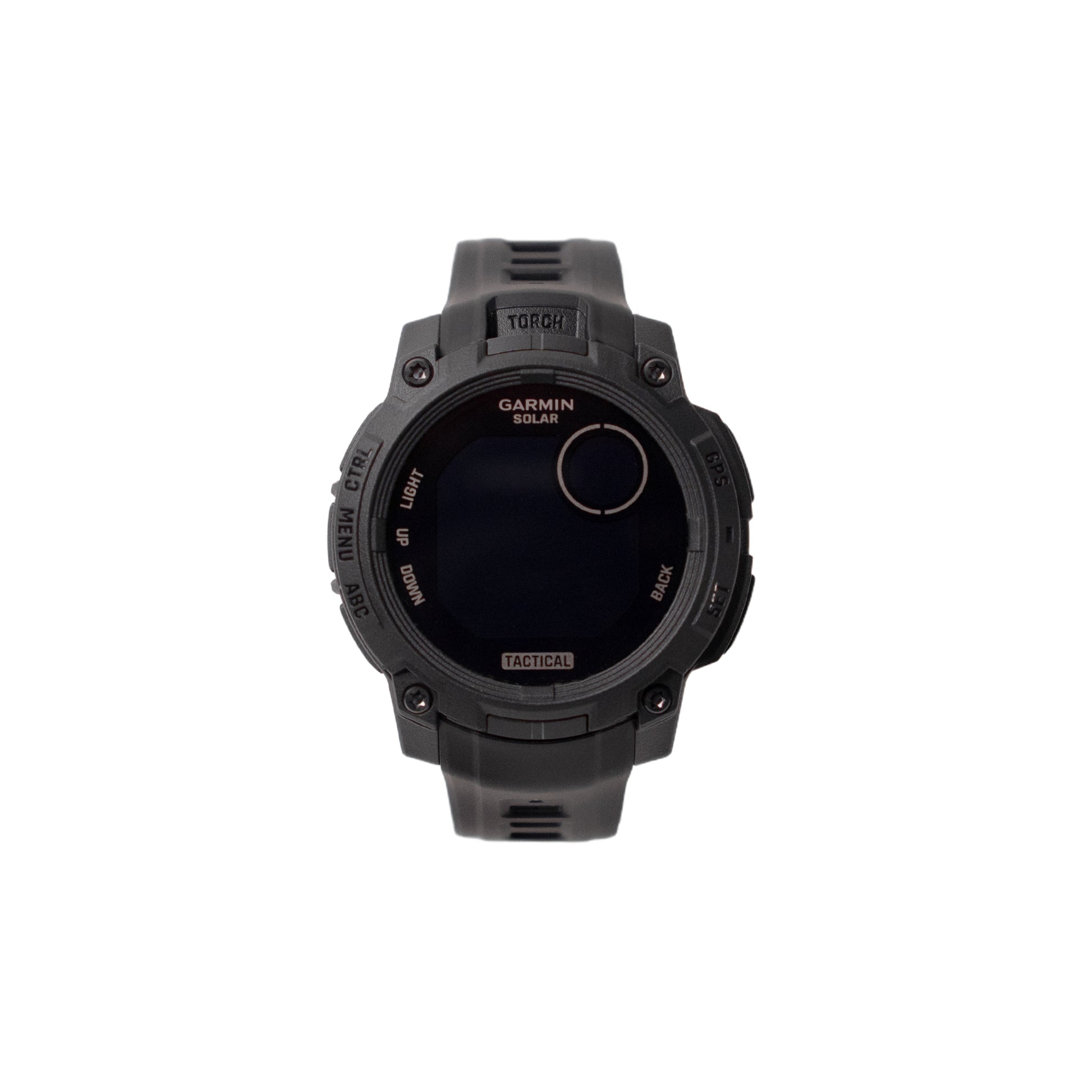 Black Garmin smartwatch on a white background