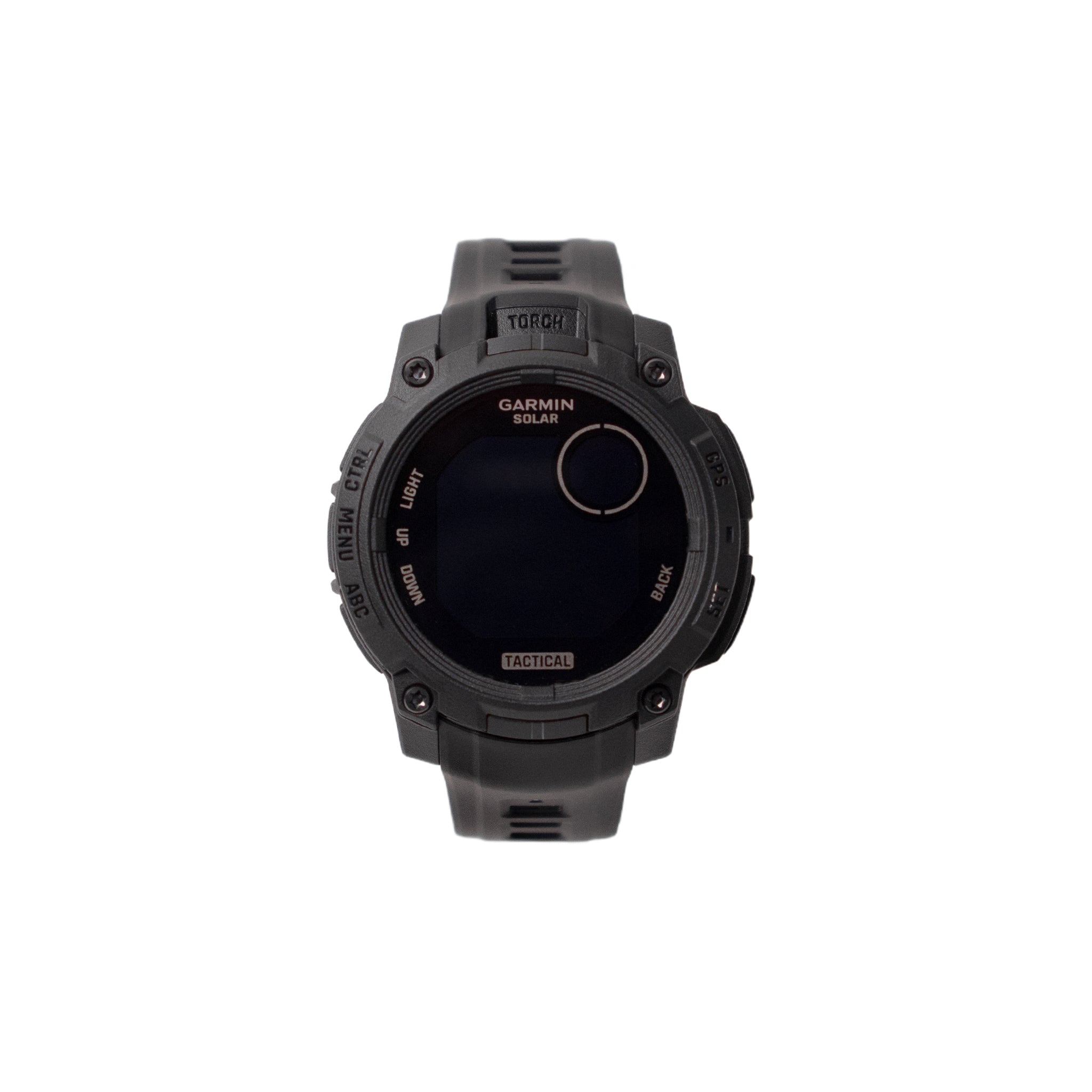 Black Garmin smartwatch on a white background