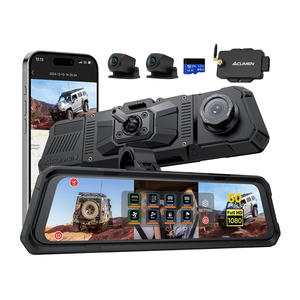 : Acumen The Legend 3CH Bundle – Triple-FHD Digital Rearview Mirror System with WiFi, GPS & Night Vision