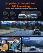 M4 3ch Mirror Dash Cam with 1080P 60fps Front+Rear+Bumper/Cabin Cameras, 12"IPS Touchscreen