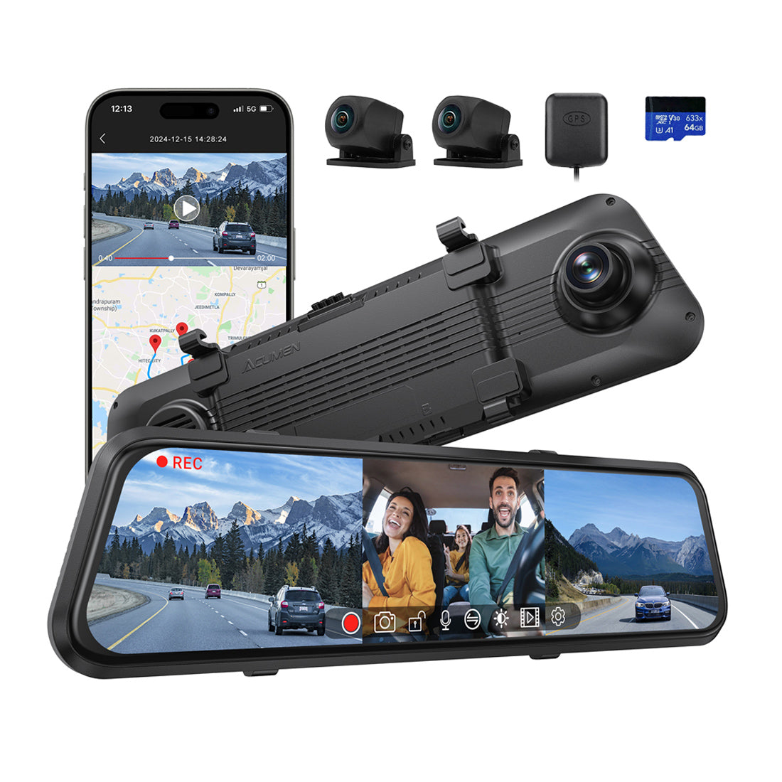 M4 3ch Mirror Dash Cam with 1080P 60fps Front+Rear+Bumper/Cabin Cameras, 12"IPS Touchscreen
