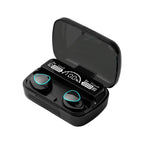 Black wireless earbuds with charging case on a white background