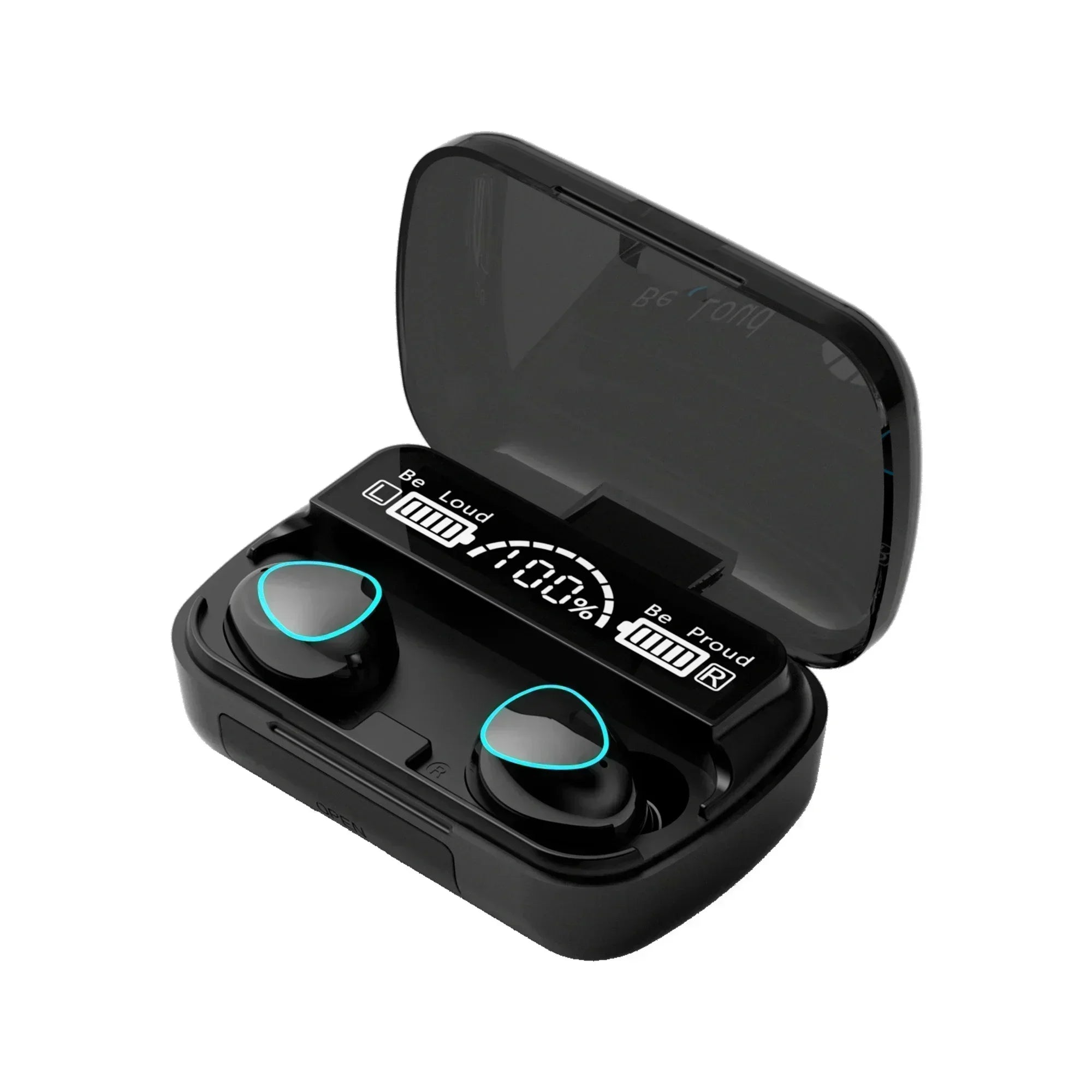 Black wireless earbuds with charging case on a white background