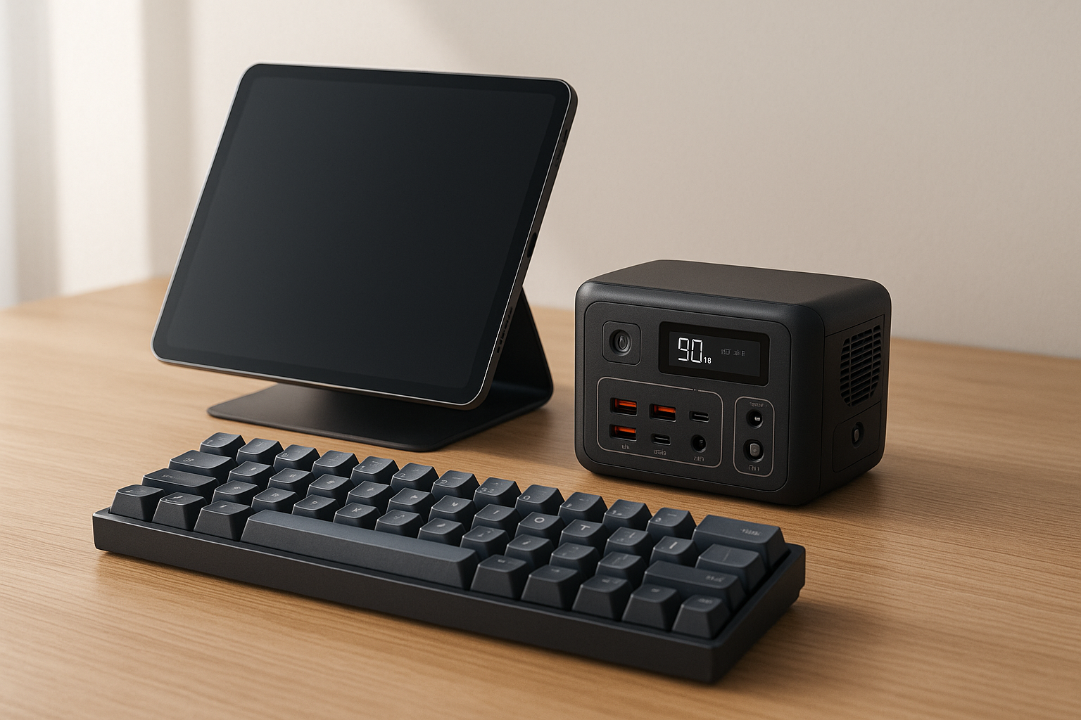 A digital nomad’s setup (tablet, power station, mechanical keyboard).