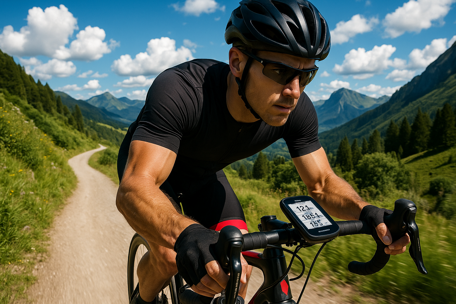 A road cyclist on a mountain trail using a Garmin Edge bike computer mounted on the handlebars. Bright, energetic outdoor scenery with blue skies and green hills. Focused, precise, and performance-driven.