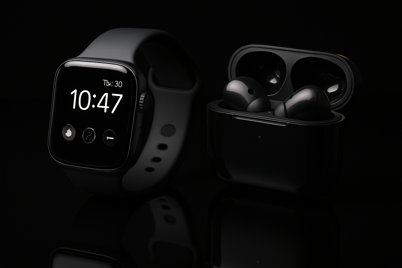A smartwatch and wireless earbuds on a reflective black surface.