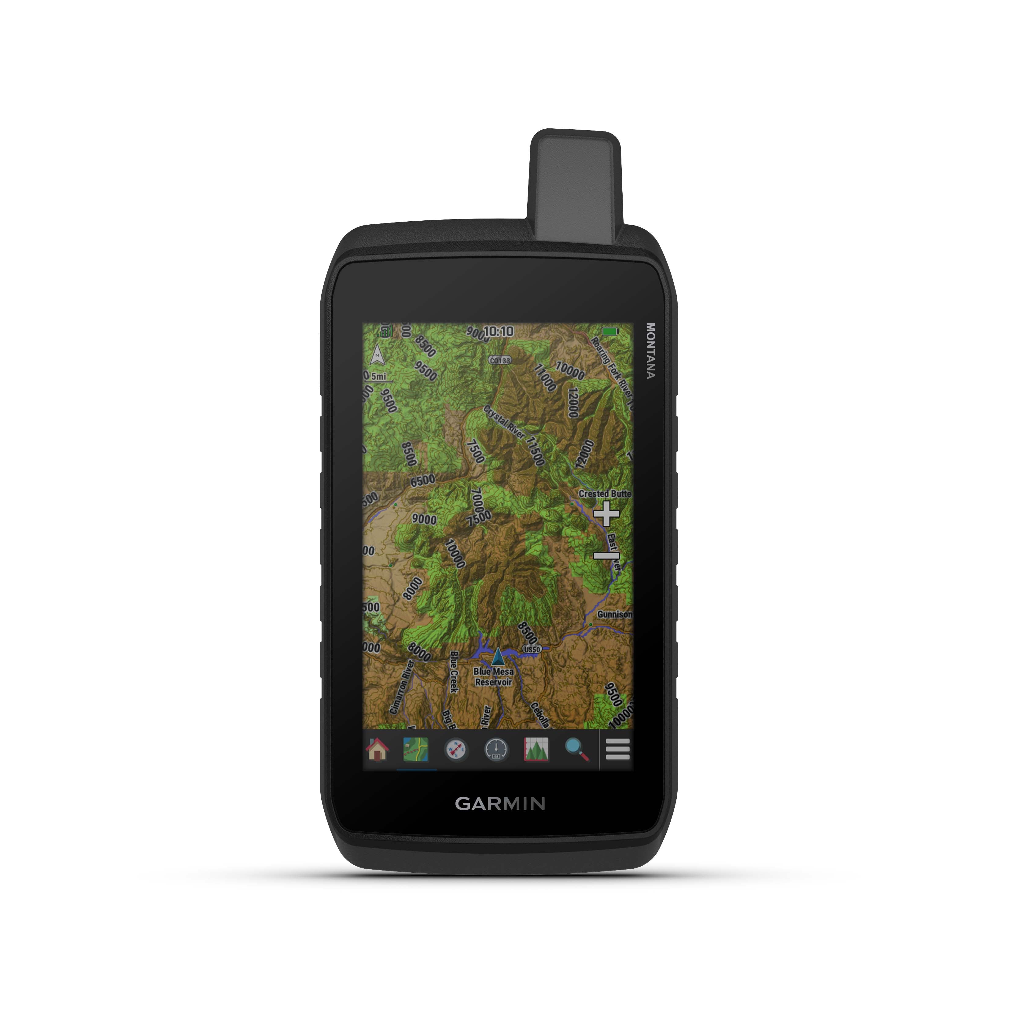 Garmin GPS device with a map displayed on the screen against a white background