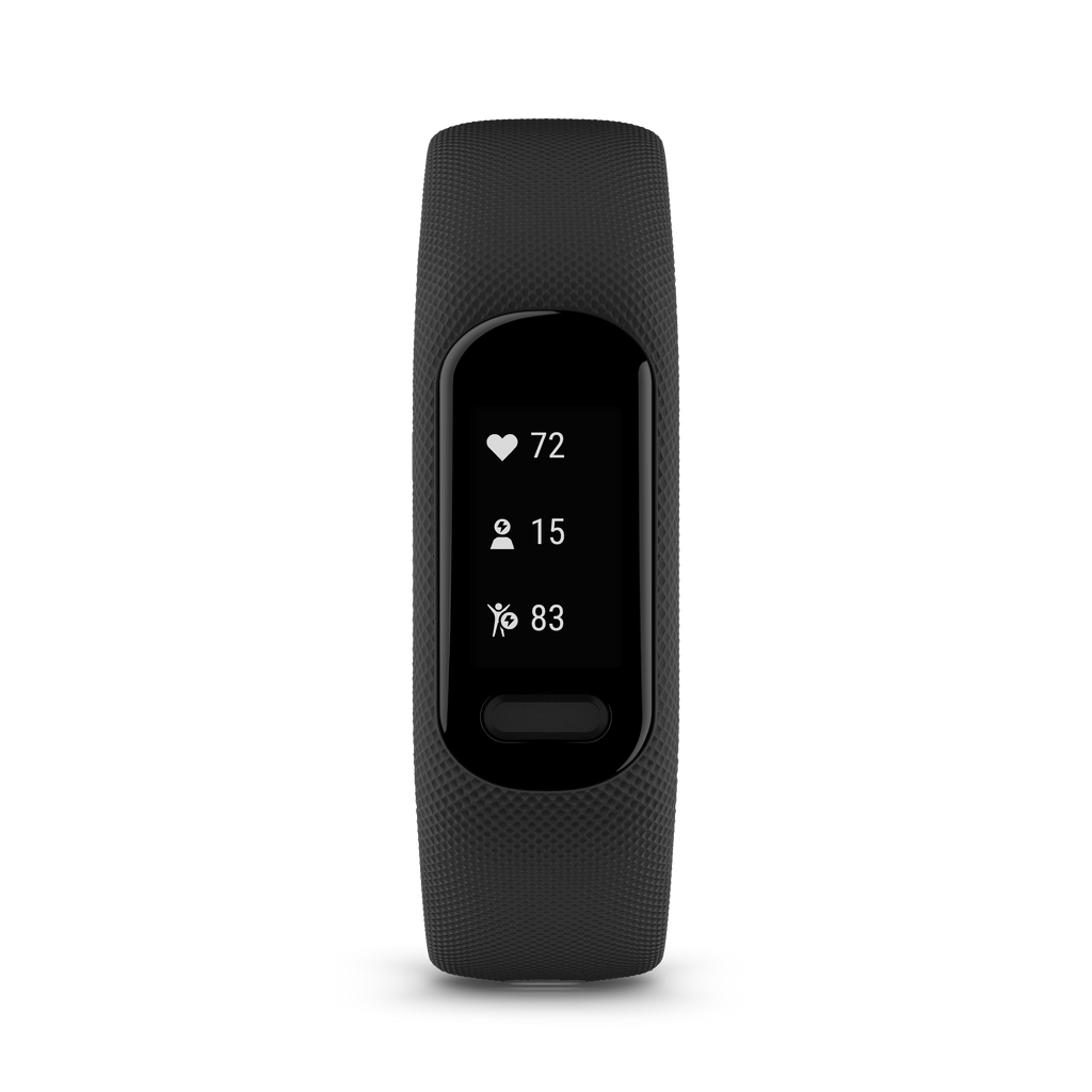 Black fitness tracker on a white background forward facing