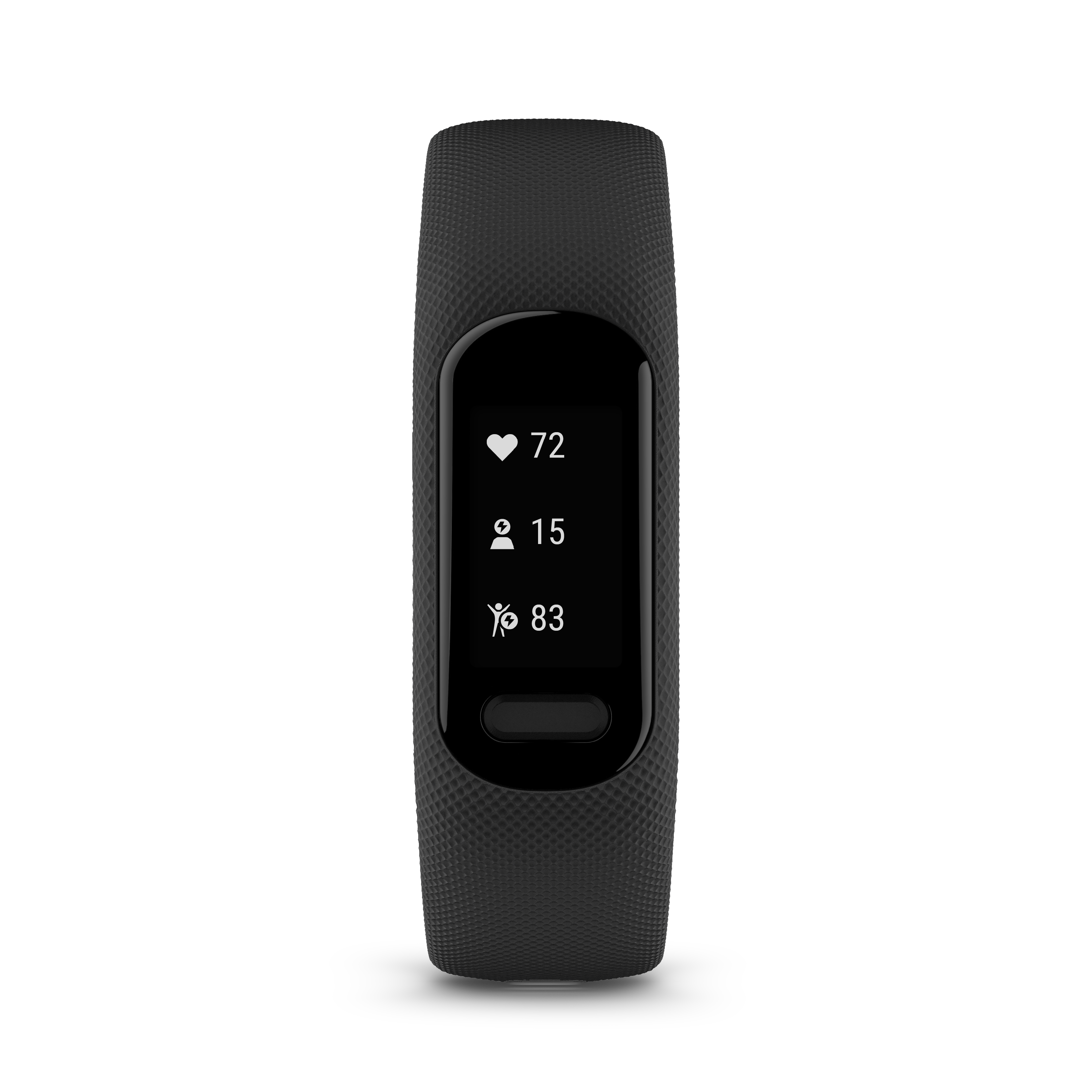 Black fitness tracker on a white background forward facing