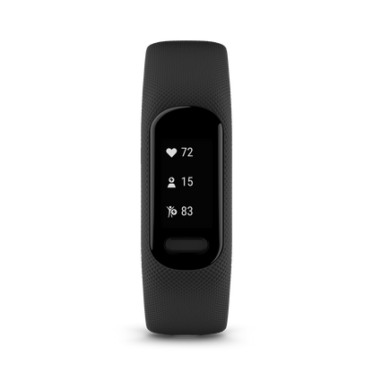 Black fitness tracker on a white background forward facing
