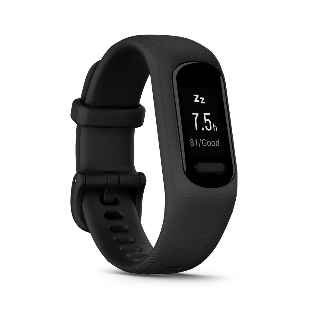 Black fitness tracker on a white background