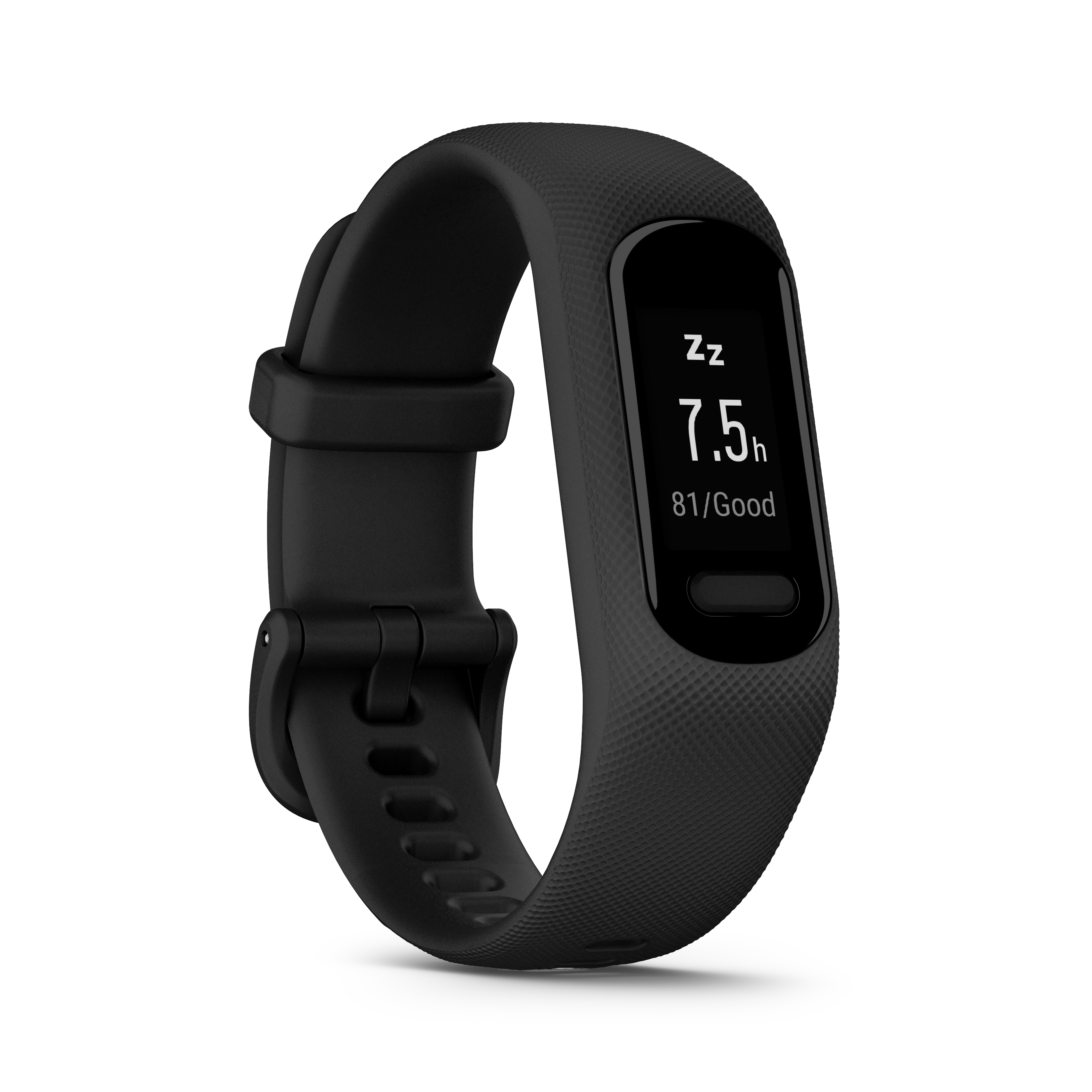 Black fitness tracker on a white background